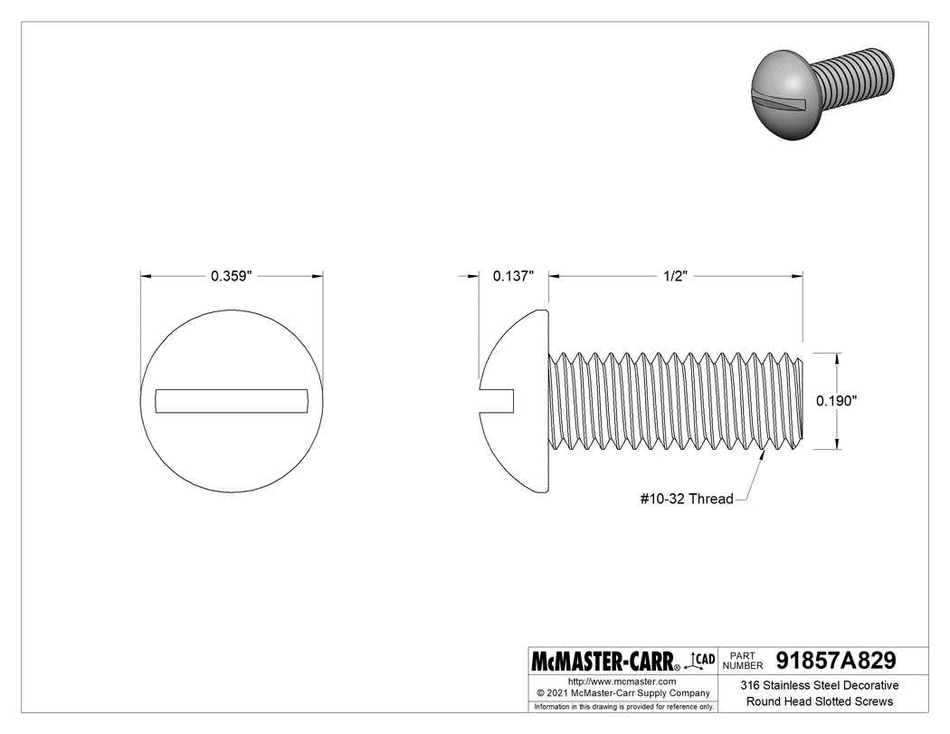 Technical Drawing of 316 Stainless Steel Decorative Round Head Slotted Screws, 10-32 Thread, 1/2" Long.